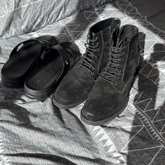 CALTO Men’s Size 12 Black Suede Elevator Boots + Slides Bundle - Picture 1 of 14